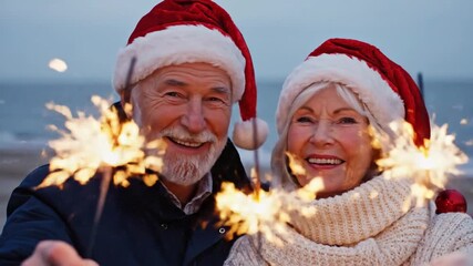 Cheerful senior couple celebrating christmas on the beach with sparklers wearing santa hats and warm clothing enjoying the festive season together creating happy memories by the sea