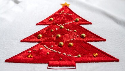 Festive Red Christmas Tree Decoration with Golden Ornaments.