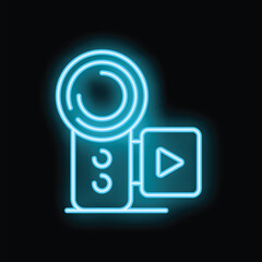 Bright glowing blue neon video camera icon sign or symbol illustrating recording video content