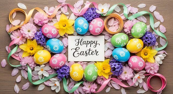 Colorful easter eggs and spring flowers on wooden background