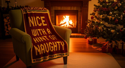 Interior scene with armchair and festive Christmas tree, cozy fireplace, and textual blanket, representing holiday warmth, festive cheer and seasonal spirit