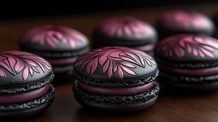 Elegant Black Macarons with Floral Pink Decoration on Dark Background. Ideal for food photography, patisserie promotion, dessert menus, luxury branding, and modern culinary visuals.