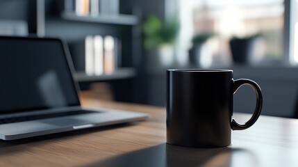Office desk with mug and laptop