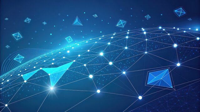 Dynamic glowing network of digital connections and abstract geometric shapes creating a futuristic abstract background for technology and innovation concepts - Powered by Adobe