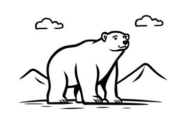 Polar Bear Line Art Illustration with Mountains and Clouds