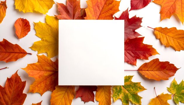 A square white card framed by vibrant autumn leaves on a white background