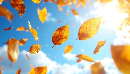Golden autumn leaves falling against a bright blue sky with dappled sunlight