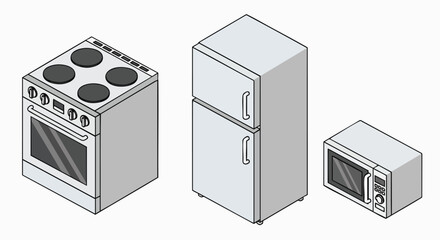 Fototapeta premium Isometric kitchen appliances set stove refrigerator microwave vector illustration home cooking oven electronics equipment flat design modern icon