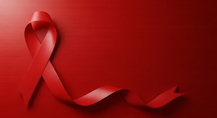 Aids awareness red ribbon on a red wooden background, symbolizing support for people living with hiv and aids and promoting prevention and treatment