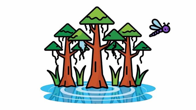 Animated sequence featuring a stylized swamp landscape with trees and a dragonfly flitting around,