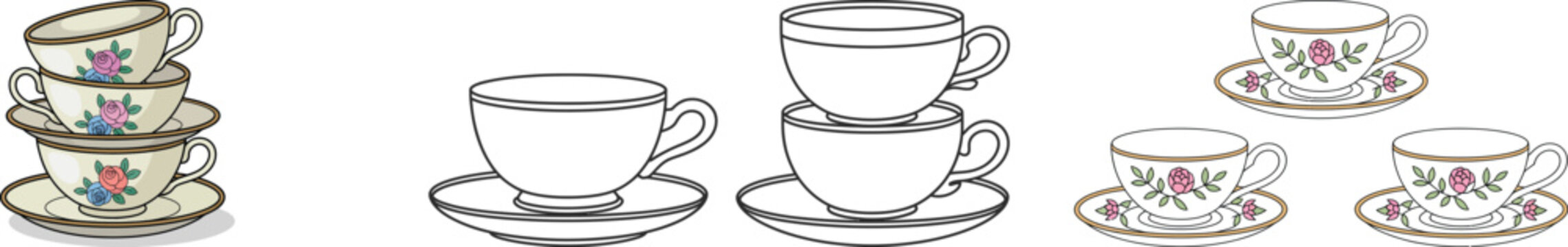 Assorted teacups and saucers in various styles and colors
