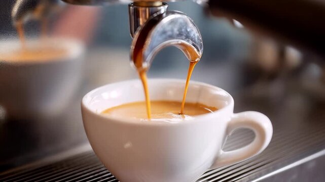 A rich espresso pours in slow motion into a white cup, crema blooming as the machine hums  a cozy, aromatic ritual that sparks focus, warmth, and a delicious midday reset