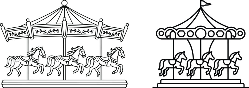 Two carousel outlines with horses and decorative tops shown