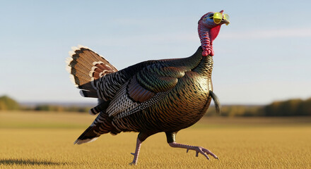 Turkey with iridescent feather, wearing yellow sunglasses, walking on field. Symbolizes humor, confidence, strangeness, or celebration, conceptual artwork