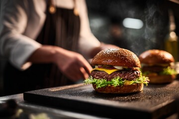 Juicy Cheeseburger with Lettuce Tomato and Cheese in a Sesame Seed Bun on Black Cutting Board