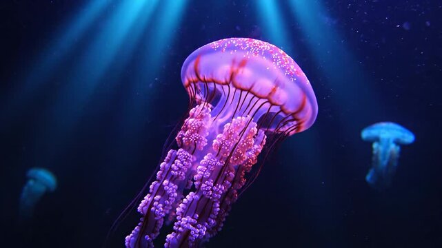 Three jellyfish gracefully swimming in the deep blue ocean illuminated by sun rays creating a serene underwater scene perfect for nature and marine life enthusiasts