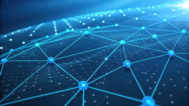 Dynamic digital network connects global data points with vibrant blue glowing nodes and lines, symbolizing futuristic connectivity and innovation.
