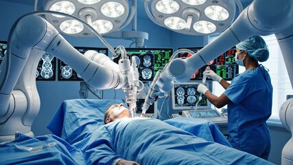 Robotic surgery performed by advanced medical robots with a surgeon overseeing the procedure in a modern operating room with advanced medical imaging displayed on monitors - Powered by Adobe