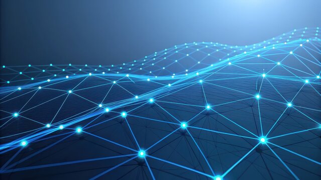 Dynamic digital network connections illuminate a futuristic abstract landscape with glowing nodes and intricate geometric patterns, representing global data flow and innovation.