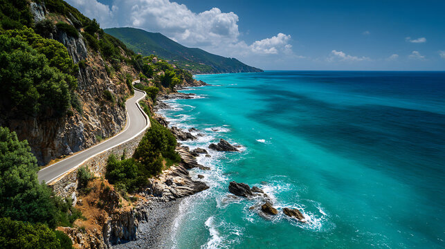 Majestic cliffside road with stunning views of the turquoise ocean and dramatic coastal landscape