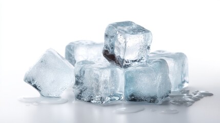 close up of ice cubes and water drops on white background