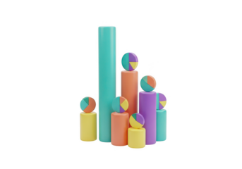 Data visualization bar chart with pie charts for business analysis on transparent background