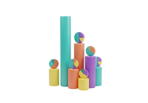Data visualization bar chart with pie charts for business analysis on transparent background