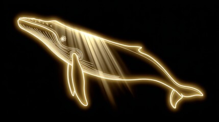 Naklejka premium Golden outline whale, dark background, wall art