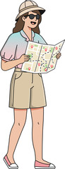 woman traveler holding map to traveling character vector isolated illustration