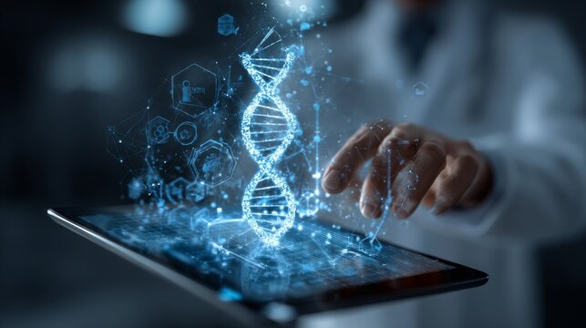 Doctor with tablet showing DNA helix and network icons, AI healthcare sector