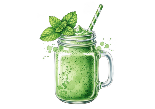 Refreshing green smoothie with mint leaves in mason jar illustration on transparent background - Powered by Adobe