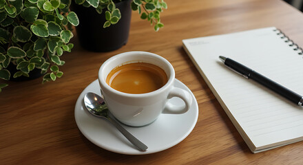 Coffee Break Essentials Espresso, Notepad, and Pen on a Wooden Table