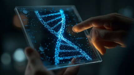 Doctor with tablet showing DNA helix and network icons, AI healthcare sector