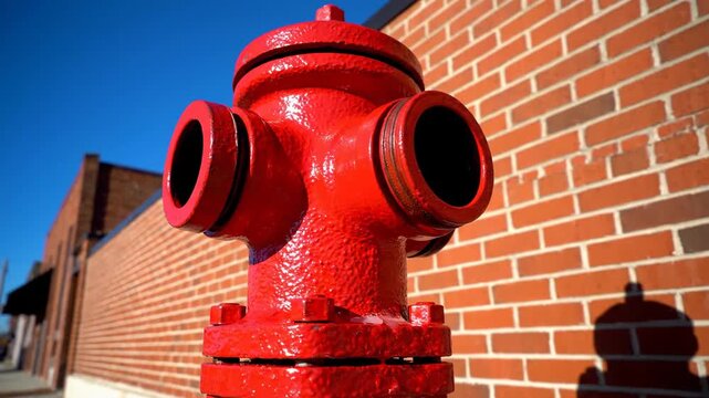 Bright red fire hydrant stands boldly against a textured brick wall under a clear blue sky casting a shadow creating a striking urban contrast on a sunny afternoon