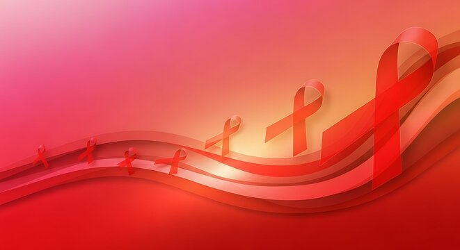 World aids day concept with red ribbon on red background to raise awareness and show support for people living with hiv, aids prevention - Powered by Adobe