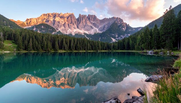 A serene mountain landscape featuring a clear, turquoise lake reflecting jagged, sunlit peaks and a dense evergreen forest.