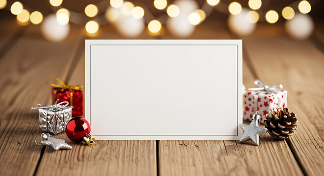 Blank card amidst festive Christmas decorations and warm bokeh lights, perfect for holiday greetings and seasonal messages - Powered by Adobe