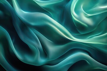 Fototapeta premium Graceful folds of shimmering teal and aqua fabric create a luxurious abstract background with soft light and flowing texture.