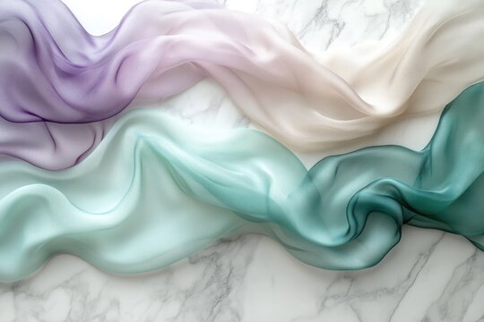 Elegant pastel gradient sheer fabrics in purple, blue-green, and cream flow gracefully on a white marble surface, offering a soft, luxurious texture.