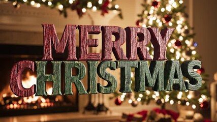 A classic “Merry Christmas” 3D text animation featuring rustic wood textures, warm lighting, and a decorated Christmas tree in the background, capturing a traditional and cozy holiday atmosphere.