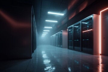 dark server room with neon lights in modern data center, technology concept background