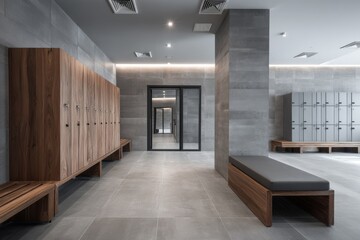 interior of modern dressing room with lockers in fitness center