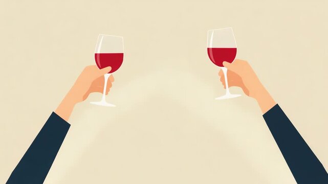 Two glasses of red wine in two hands against a light background, vector cartoon style. Concept of the celebration, alcoholic drink, toast, party