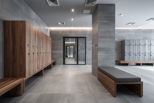 interior of modern dressing room with lockers in fitness center