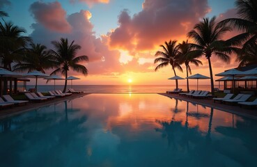 Obraz premium Infinity pool reflects vibrant sunset over ocean. Palm trees beach umbrellas create tropical idyll. Tranquil vacation mood is ideal for travel brochures and hotel advertising