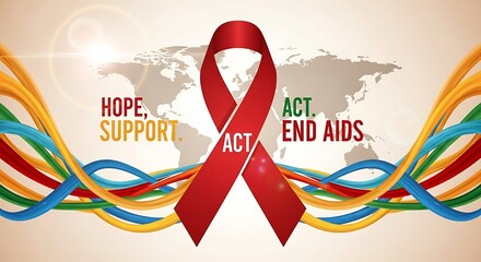 World aids day concept with red ribbon, colorful lines and world map in the background hope, support, act, end aids awareness campaign