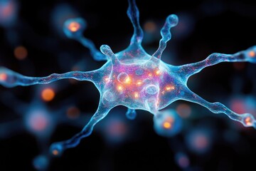Captivating visualization of a neuron, showcasing its glowing internal processes and the intricate network essential for brain function and thought.