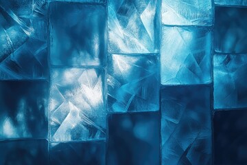 Abstract close-up of blue ice blocks with intricate frost patterns and varying textures, creating a cool, luminous background.