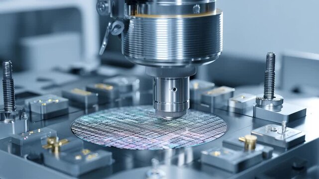 真俯瞰で円形チャックと格子状のダイ配列を幾何学的に見せる、人物なし