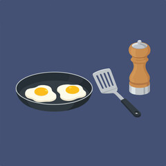 A cartoon image displays a frying pan with two fried eggs, a silver spatula, and a wooden pepper mill set against a dark blue background.